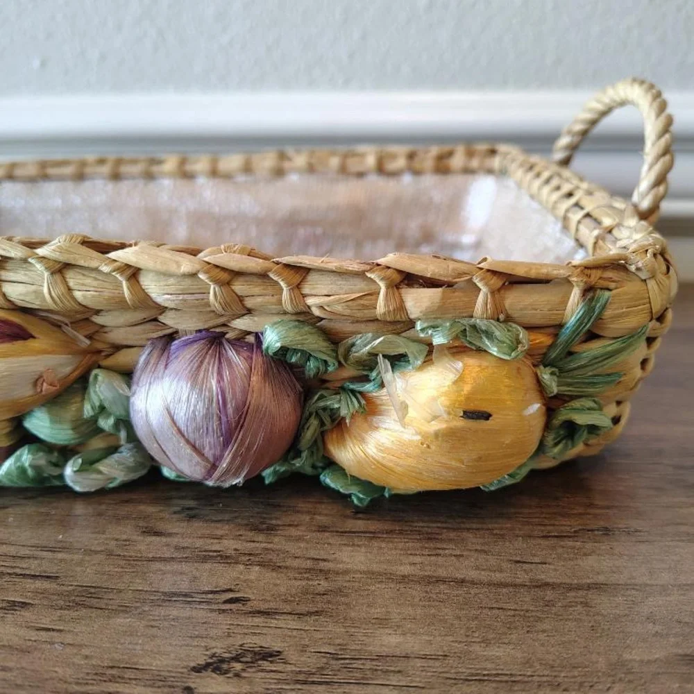 Vtg Woven Raffia Straw Casserole Basket Faux Fruit Vegetables Mushrooms